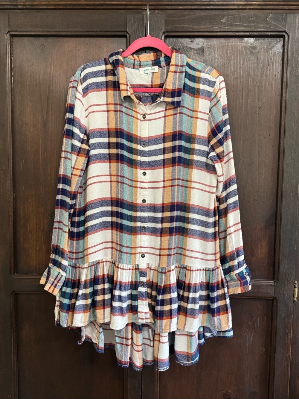 Grace & Lace Plaid Button-Front Ruffle Hem Flannel Tunic Shirt size XL Cabincore